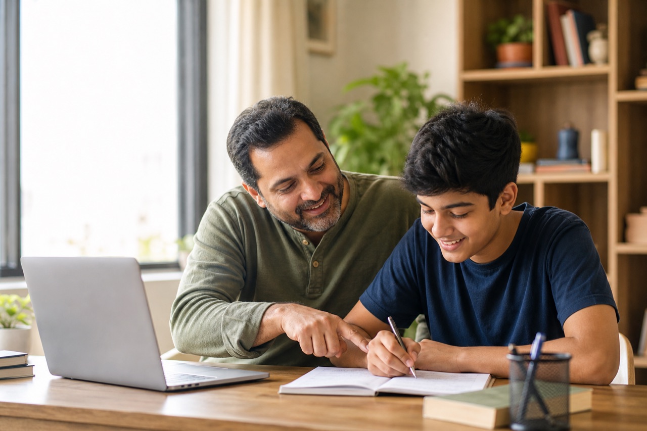 A father helping his son study at home