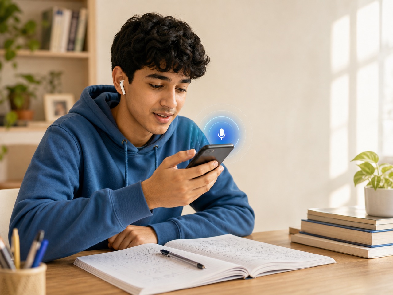 A student studying with a phone and an open notebook